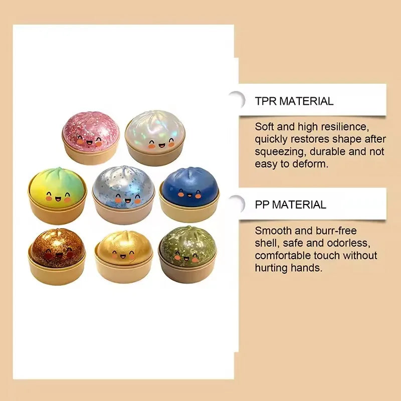 Dumpling Squishy shaped stress relief ball with slow bounce and soft touch, used for stress relief in office and home decor as an adult