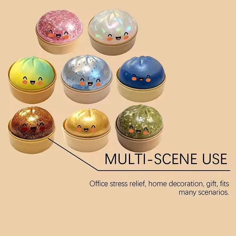 Dumpling Squishy shaped stress relief ball with slow bounce and soft touch, used for stress relief in office and home decor as an adult