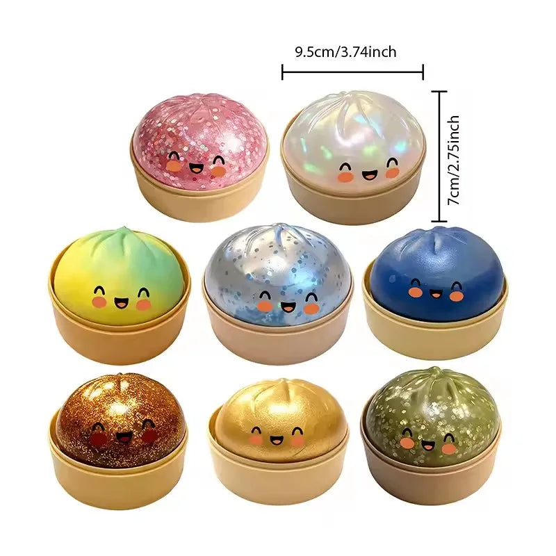 Dumpling Squishy shaped stress relief ball with slow bounce and soft touch, used for stress relief in office and home decor as an adult